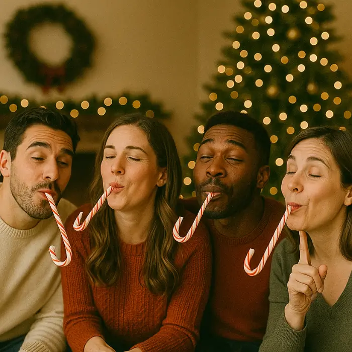 Group playing funny Christmas song guessing game.