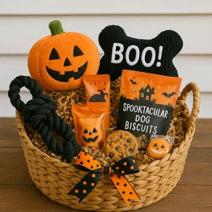Halloween boo basket for pets with themed toys and snacks