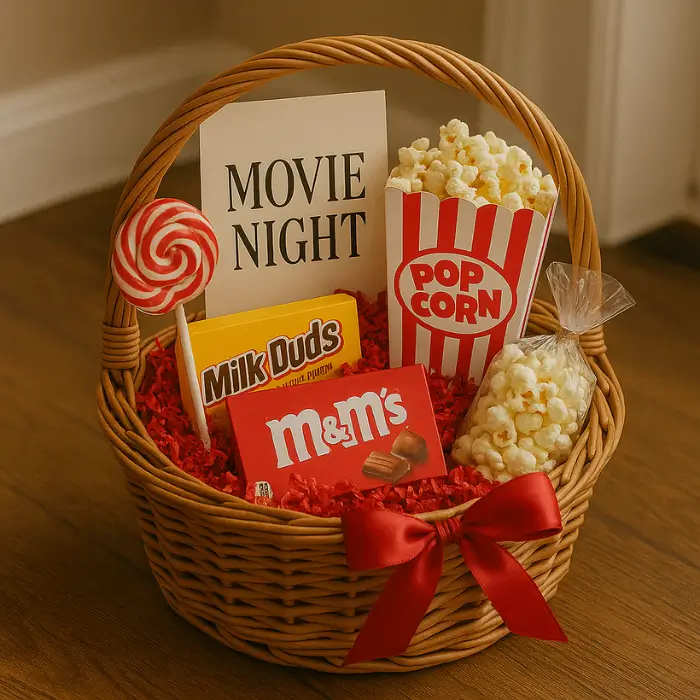 Halloween movie night boo basket with popcorn, blanket, and candy.