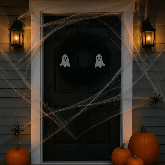 Halloween porch with animated decorations and spooky lighting.