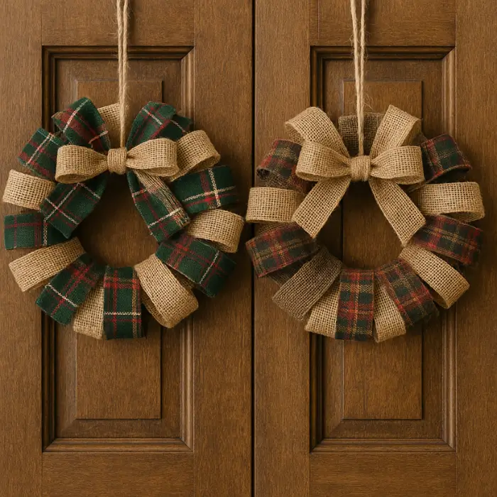 Handmade Christmas fabric scrap wreaths with rustic holiday colors.