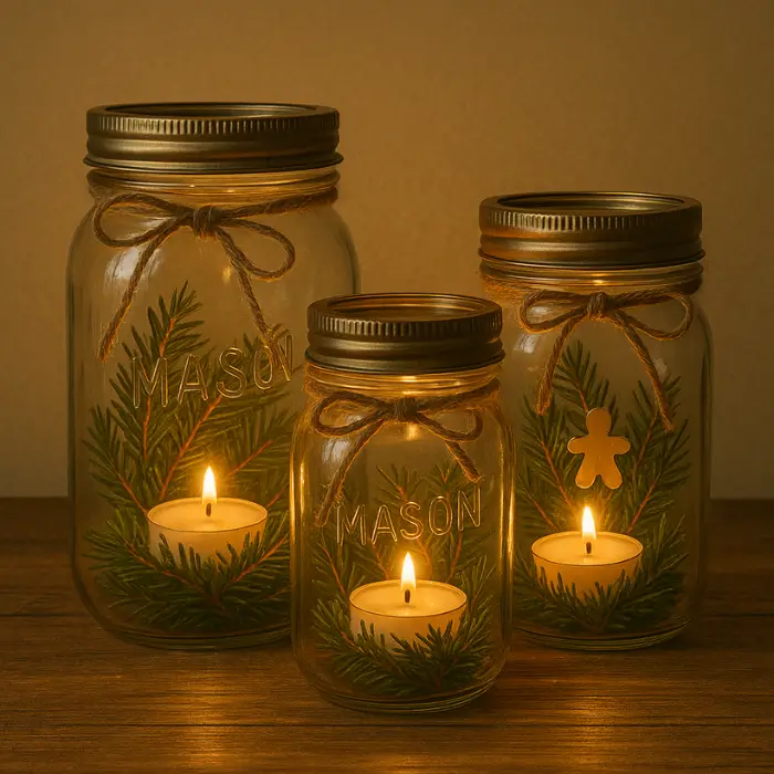 Handmade Christmas mason jar luminaries with ribbon and candlelight.