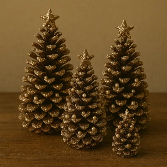 Rustic pinecone Christmas crafts resembling small festive trees.