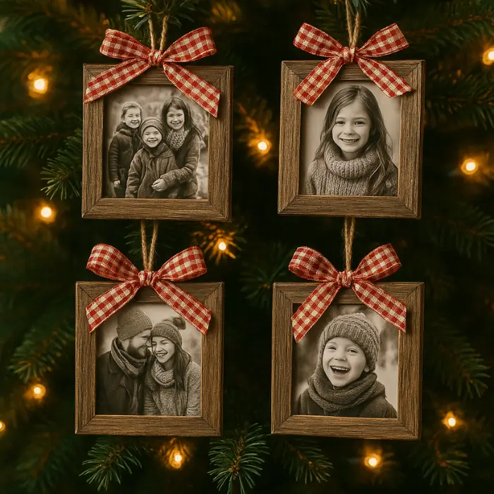 Handmade Christmas ornaments displaying family photos.