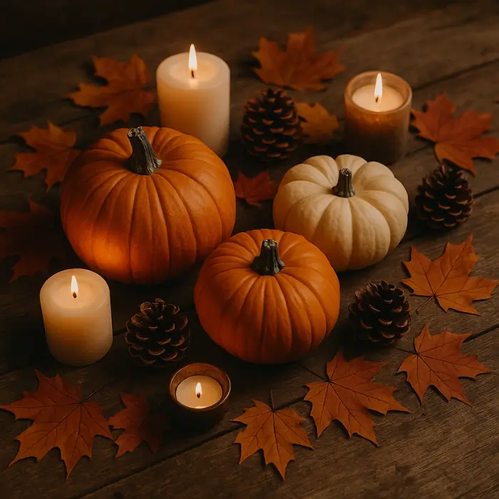 Harvest-style Halloween table with pumpkins and cozy fall décor.
