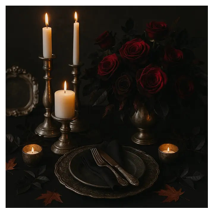 Haunted mansion-style Halloween table with luxurious details