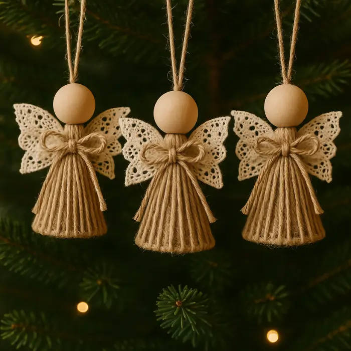 Homemade Christmas angel ornaments crafted from wooden beads and ribbon.
