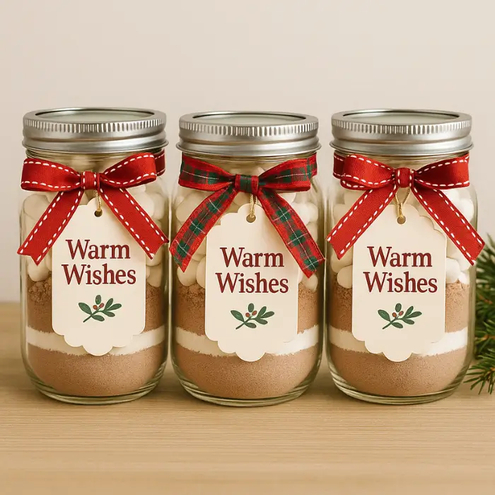  Homemade Christmas gift jars filled with cocoa and baking mixes.