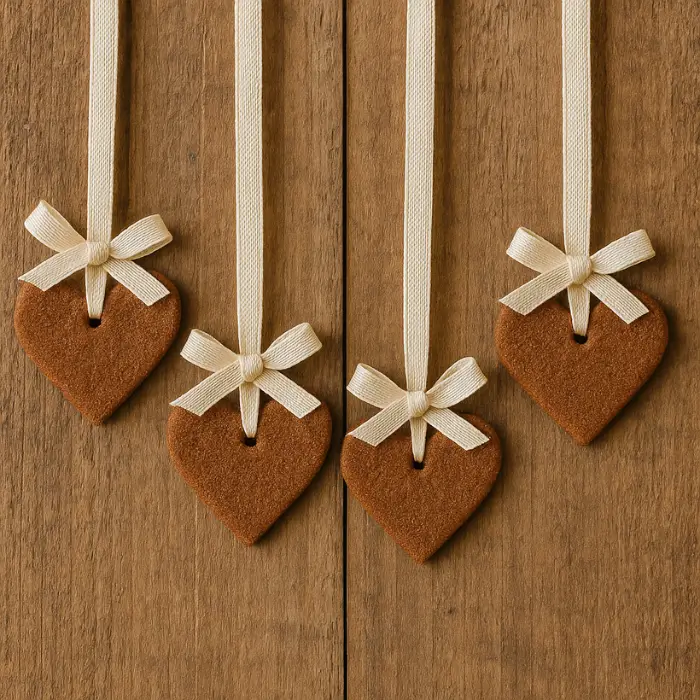 Homemade cinnamon Christmas ornaments shaped as hearts and stars.