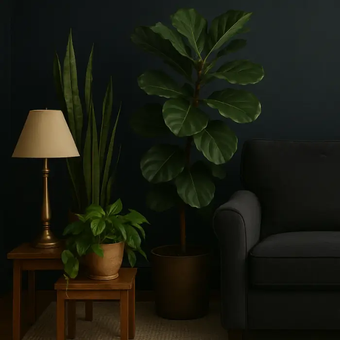 Fiddle-leaf fig plant in dark moody living room corner.