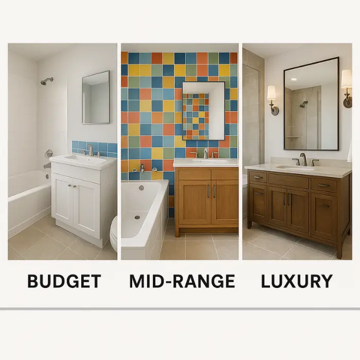 Infographic comparing budget, mid-range, and luxury bathrooms.