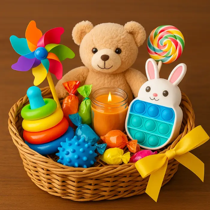 Kids’ Halloween boo basket with playful treats and decorations.