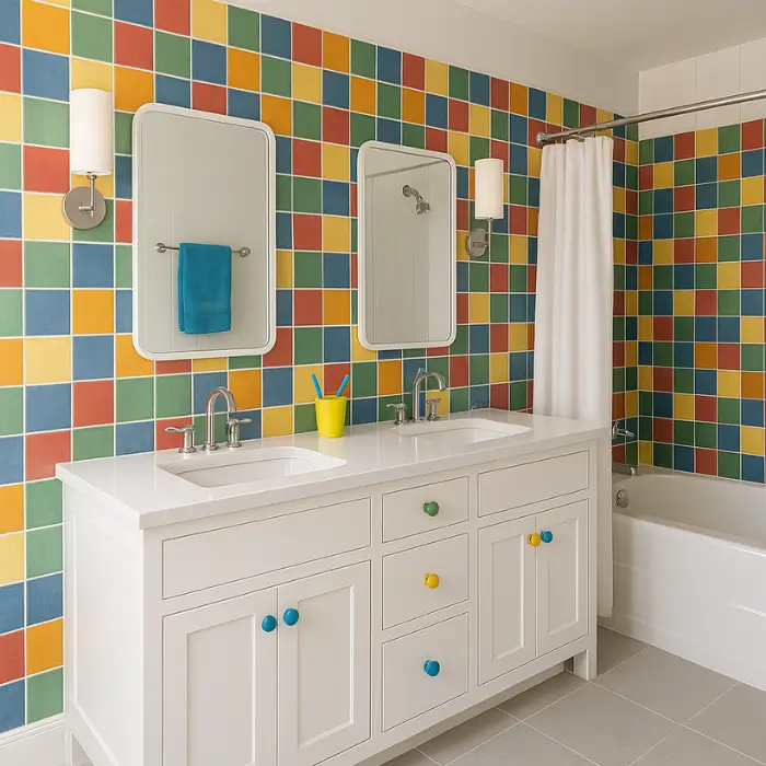 Kids’ bathroom with colorful tiles and dual sinks.