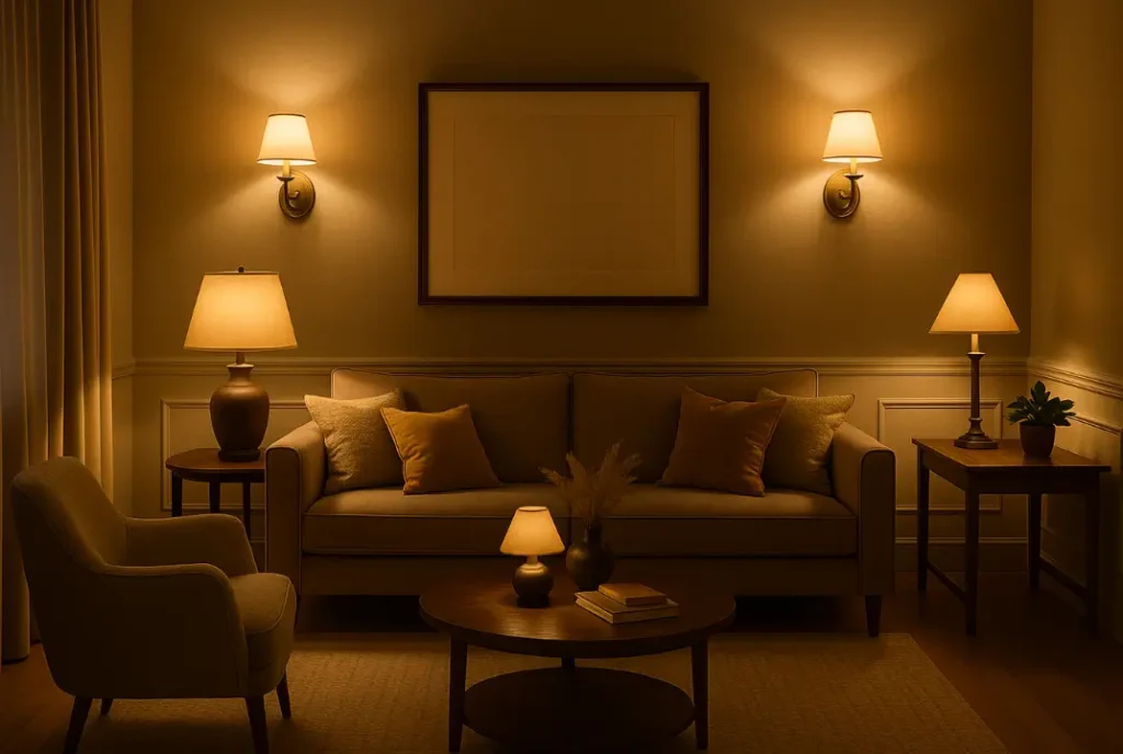 Warmly lit, moody living room featuring layered lamps and candlelight.