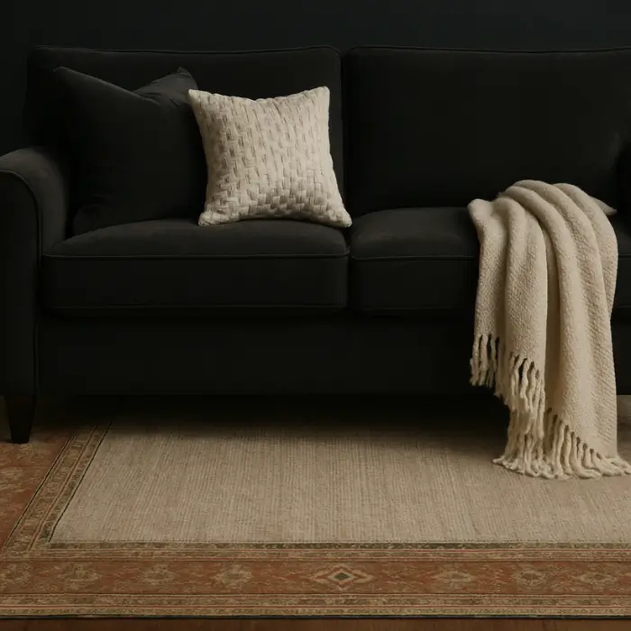 Layered jute and patterned rugs in a cozy, moody living room