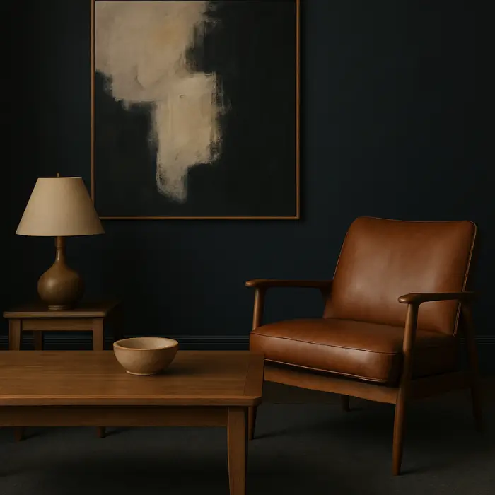 Natural wood and leather accents in moody living room design