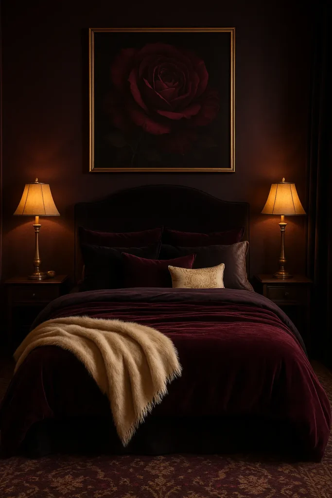 Luxurious dark bedding with layered textures and satin pillows.