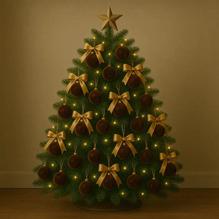 Luxurious Christmas tree with velvet, brown and gold satin décor.