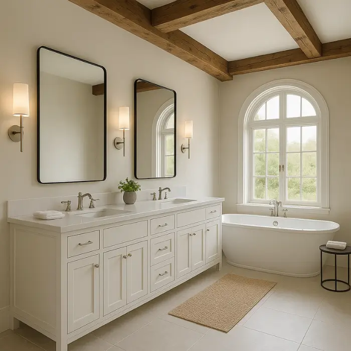 Master bath with double vanity and soaking tub.