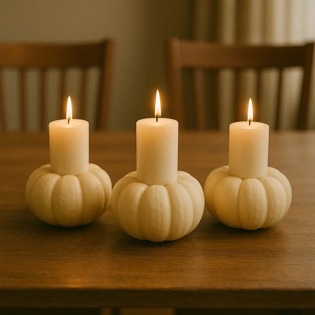 Mini pumpkin candle holders with glowing tealights.