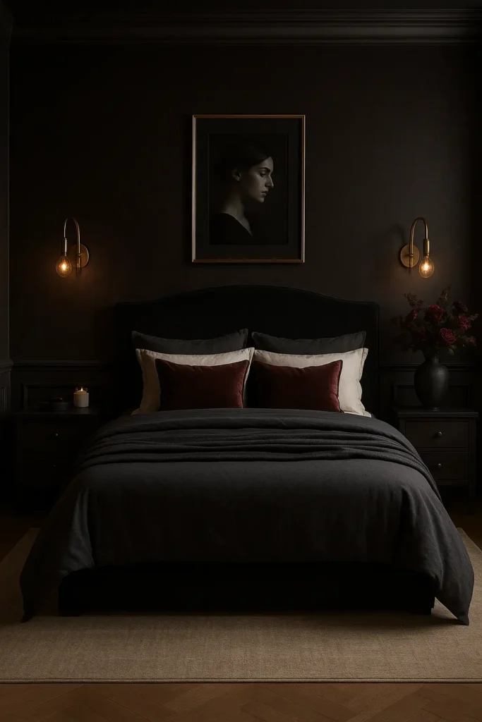 Minimal and elegant dark feminine bedroom design.