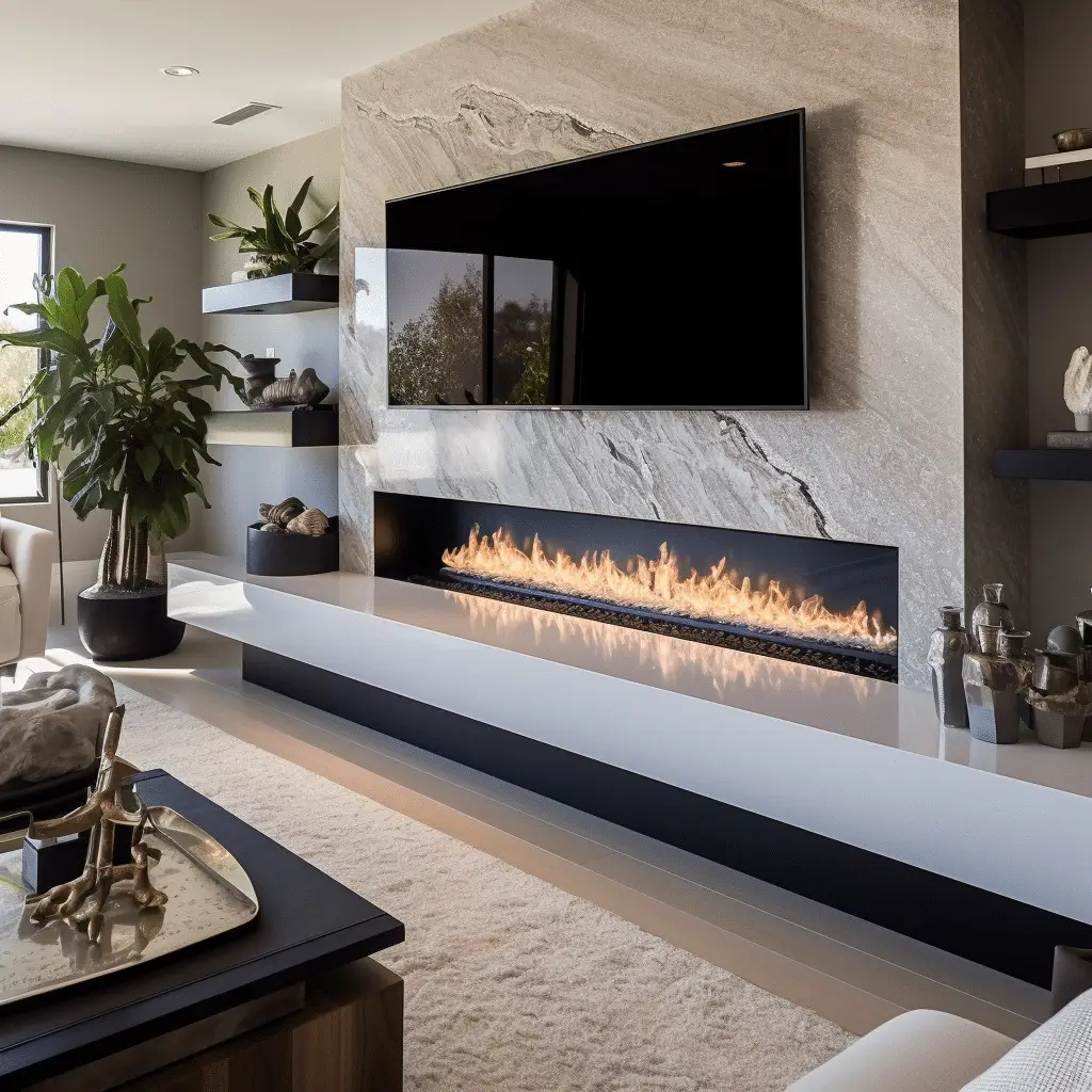Sleek minimalist fireplace wall design with modern TV and soft neutral palette.
