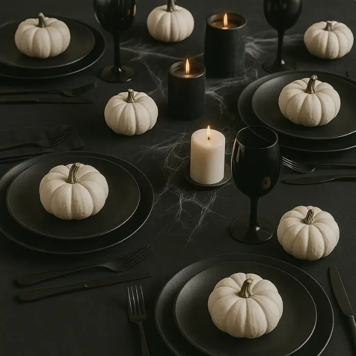 Modern black and white minimalist Halloween table setup.