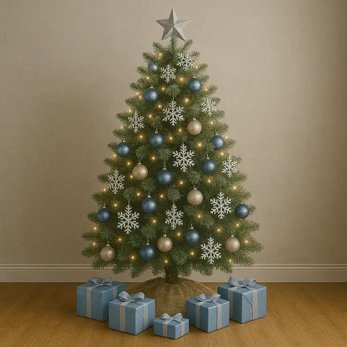 Modern blue and silver Christmas tree with frosted ornaments.