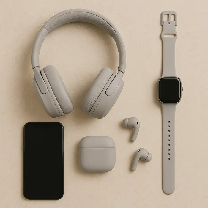 Modern tech birthday gift ideas including earbuds and accessories.