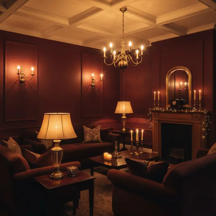 Moody lighting enhances a rich burgundy bedroom.