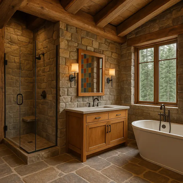 Mountain lodge bathroom with stone walls and timber beams.