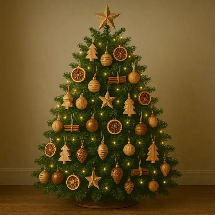 Natural brown Christmas tree with eco-friendly decorations