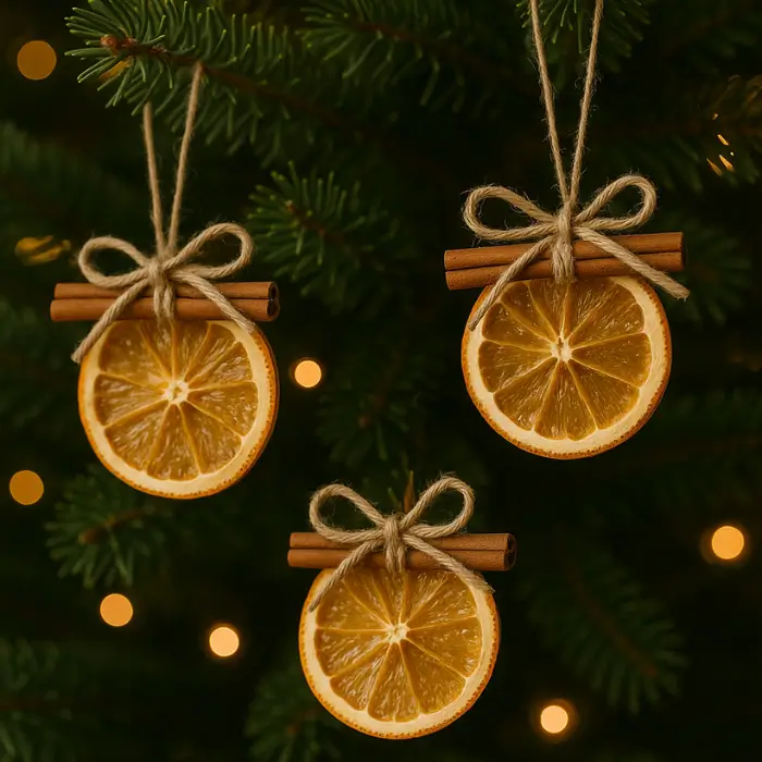 Natural dried orange Christmas ornaments with cinnamon accents.