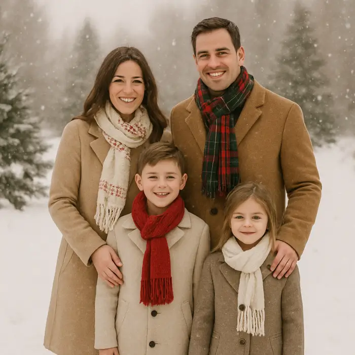 Neutral family outfits with holiday accessories for tree farm photos.