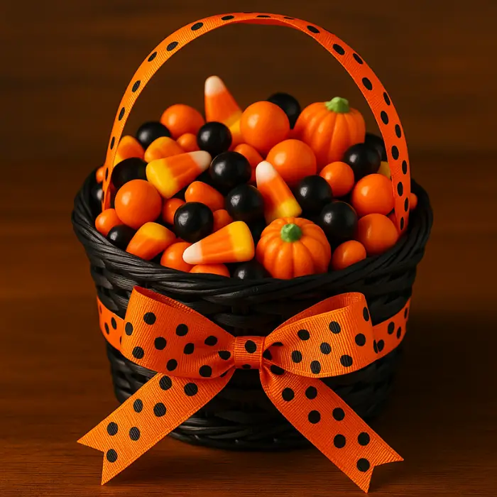 Orange and black candy-filled basket with ribbons