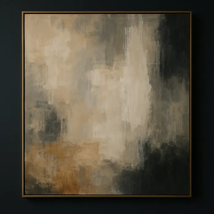 Moody living room with large abstract artwork and a gold frame