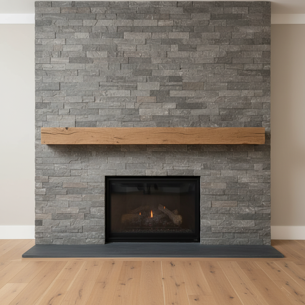 Stacked stone fireplace wall adding depth and warmth to living space.