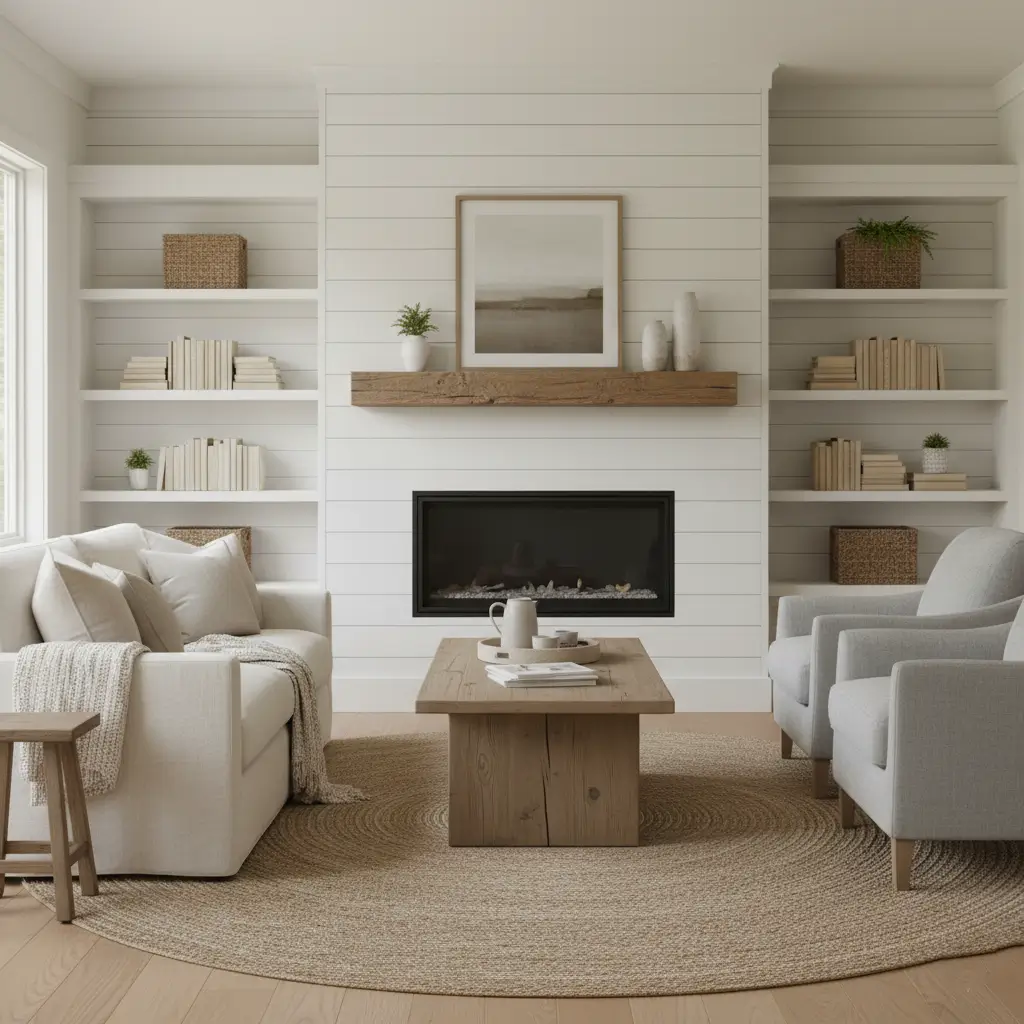 Stacked stone fireplace wall adding depth and warmth to living space.
