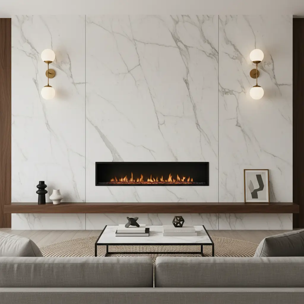 Elegant marble fireplace wall with natural veining and soft lighting.