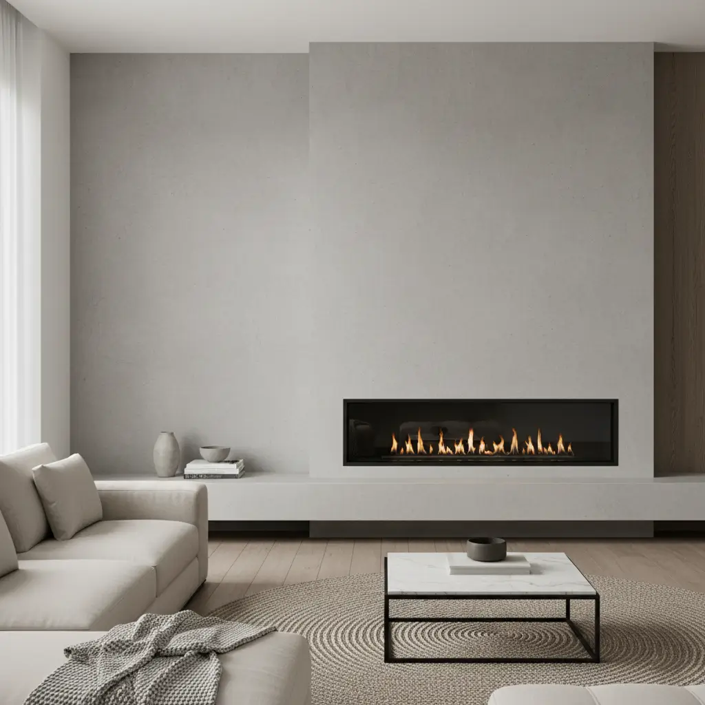 Industrial-inspired concrete fireplace wall with modern furnishings.
