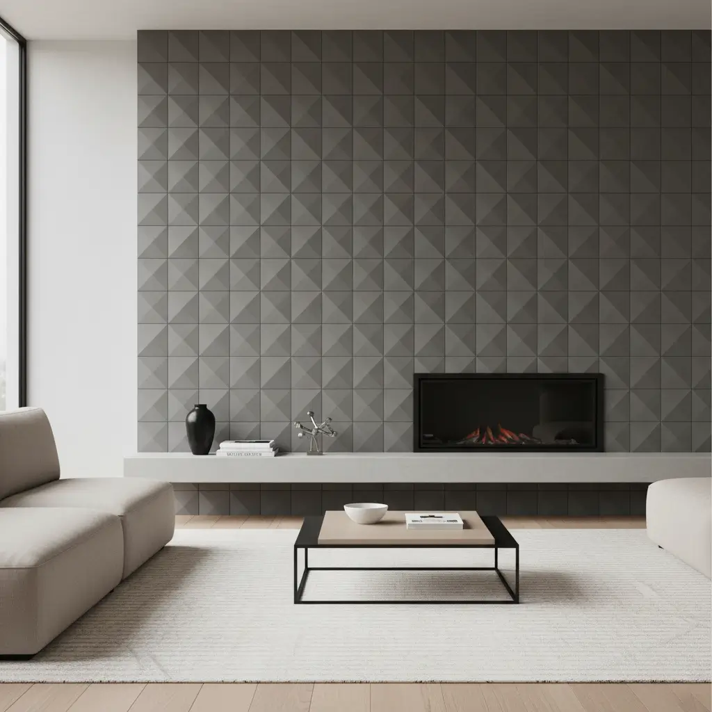 Modern tiled fireplace wall with subtle pattern and clean design.