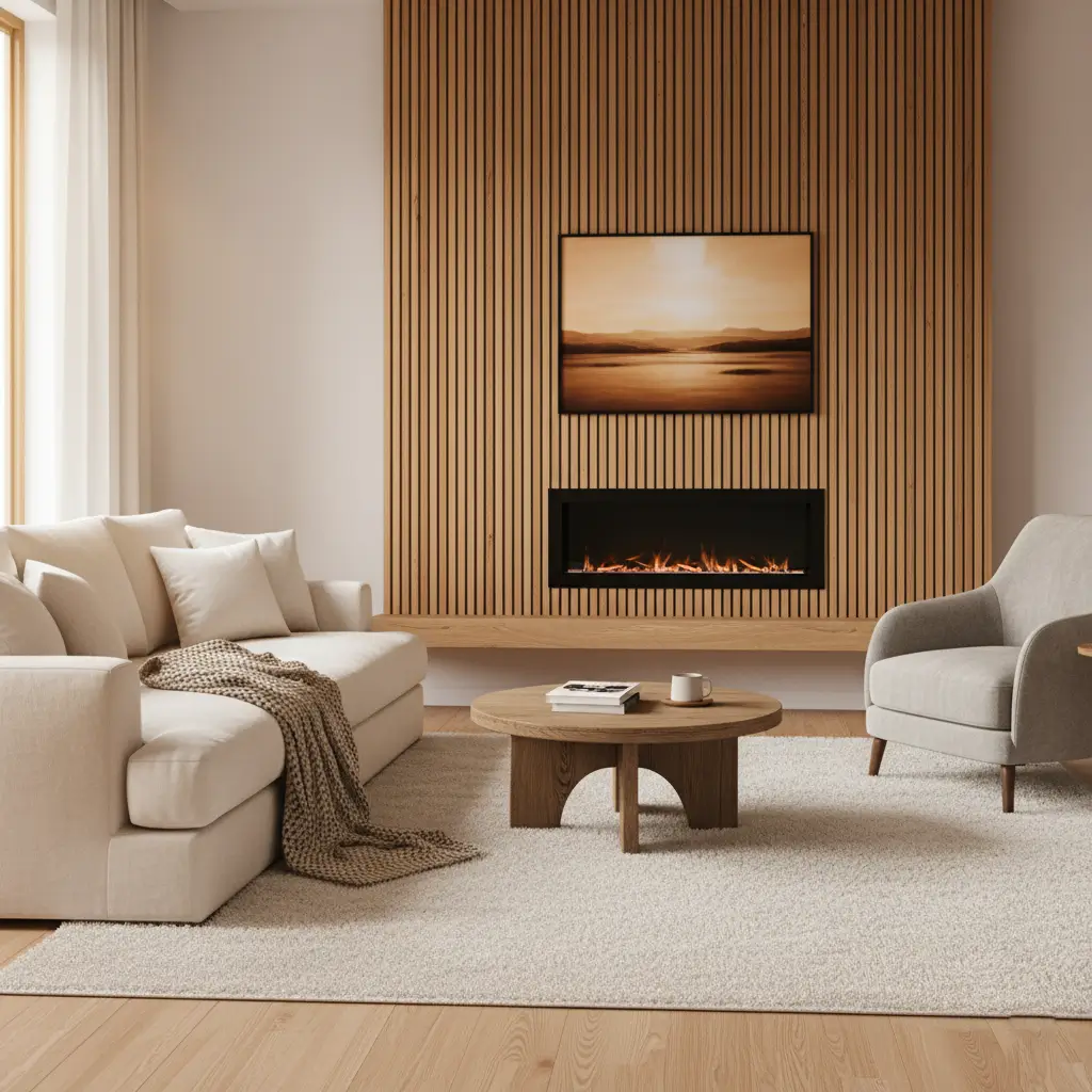 Natural wood fireplace wall adding warmth and texture to living space.