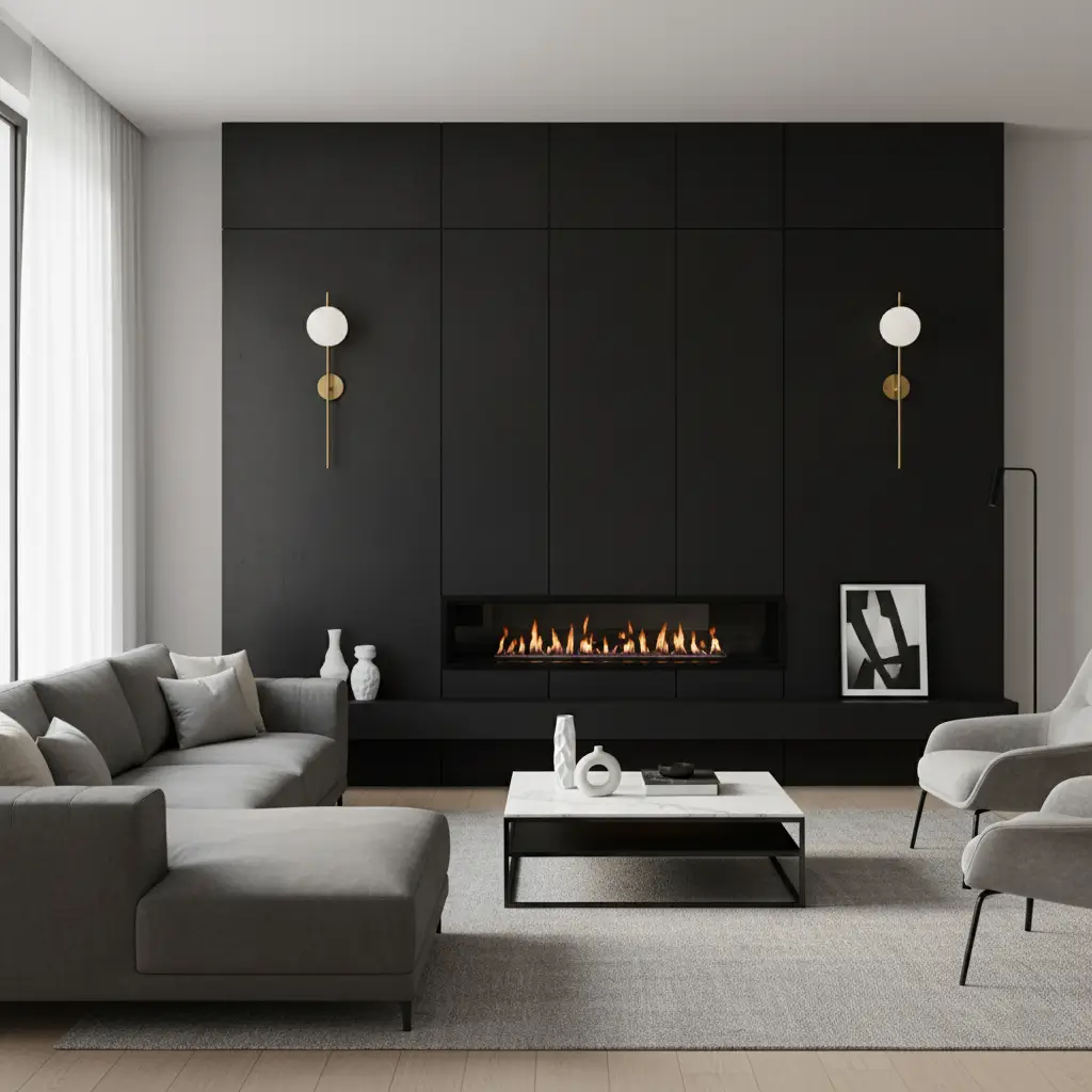 Contemporary black fireplace wall adding bold contrast to neutral décor.