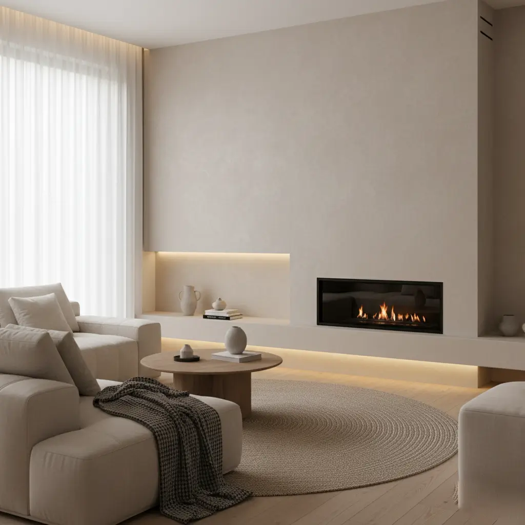 Elegant plaster fireplace wall with natural finish and modern charm.