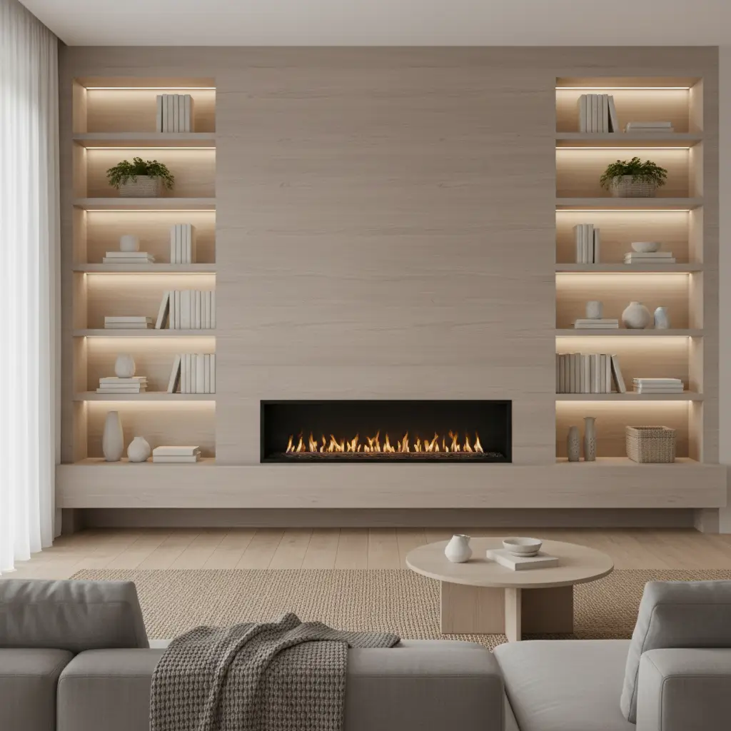 Custom fireplace wall with shelving and modern minimalist design.
