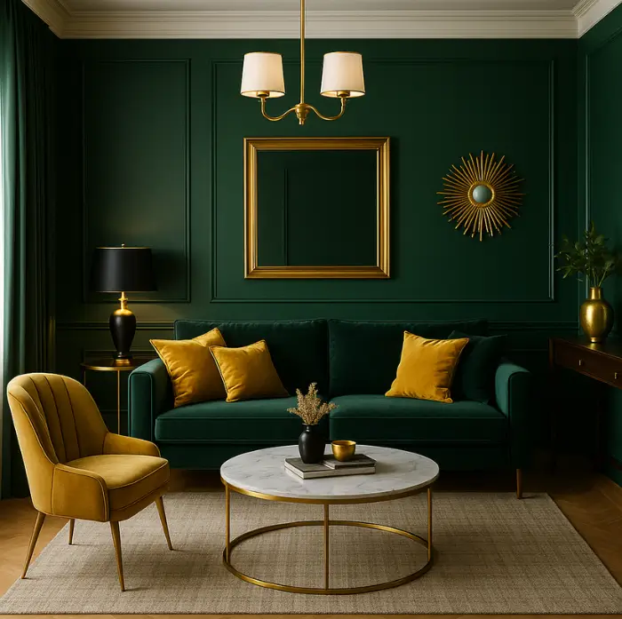 Dark green moody living room with gold lighting fixtures.
