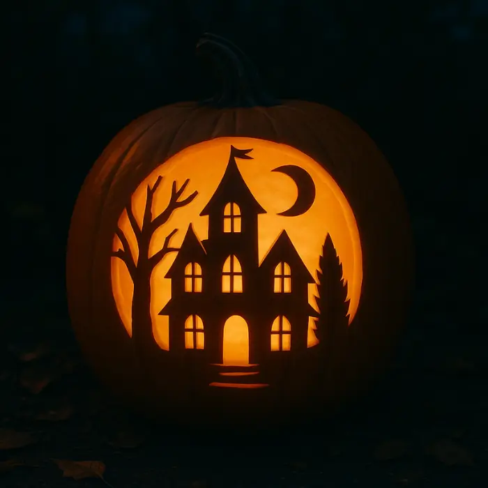 Artistic carved pumpkin featuring flowers and vines illuminated softly.