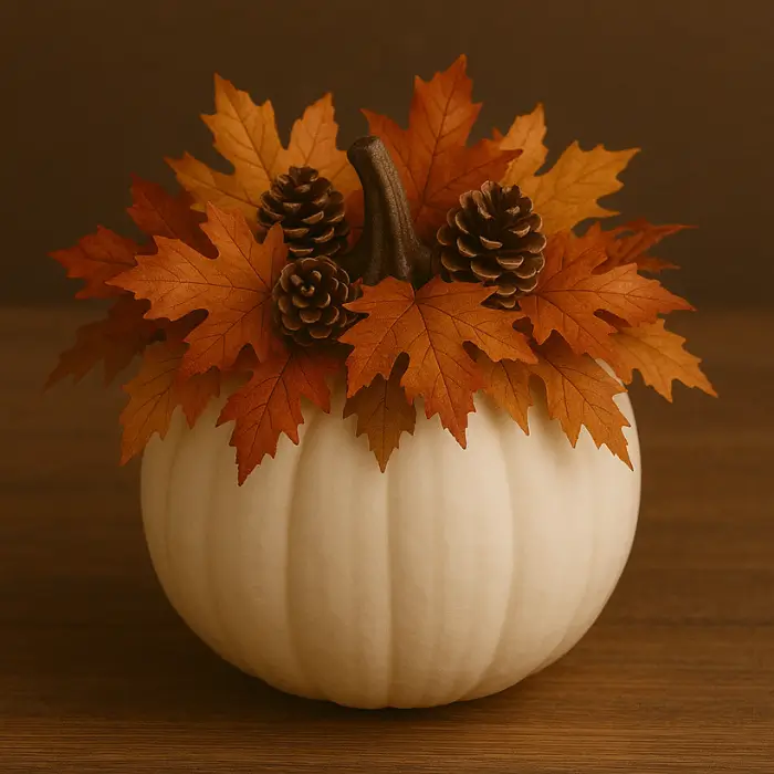 Pumpkin centerpiece with leaves and pinecones.