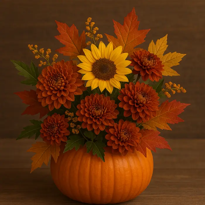Pumpkin used as a vase with colorful autumn flowers.