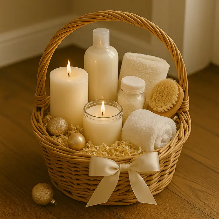 Relaxing Halloween boo basket with candles, teas, and spa essentials